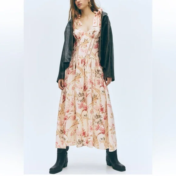 H&M Linen Blend Sleeveless Maxi Dress with Tie Shoulder Straps Floral print NWT - Picture 2 of 6